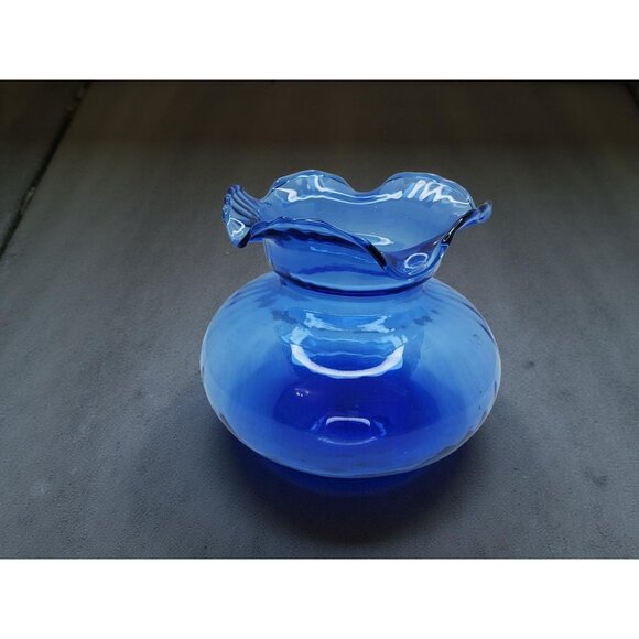 Vintage Cobalt Blue Ruffle Edge Top Globe Style Vase - Picture 5 of 13